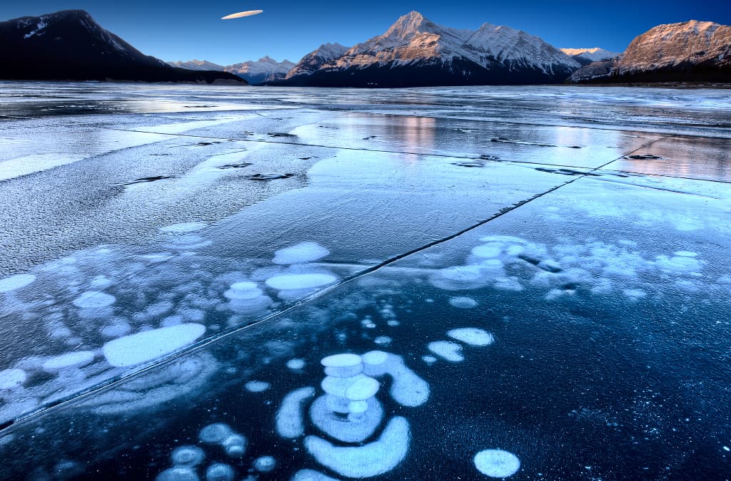 Ice bubbles frozen near the surface of Abraham Lake