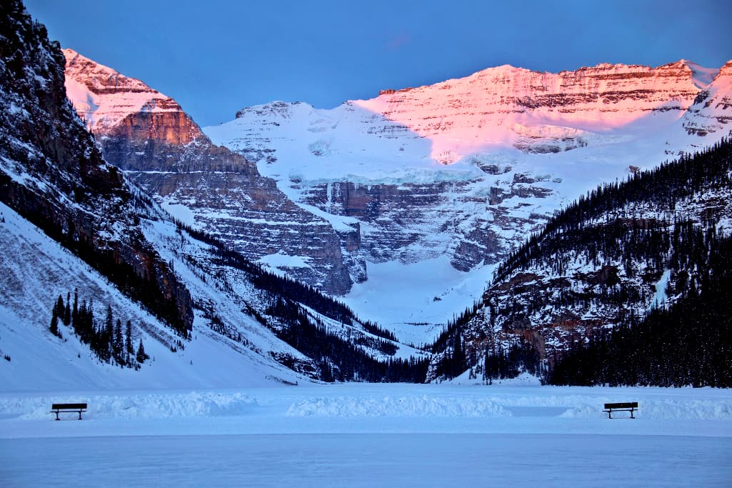 Frozen Lake Louise covered in snow in winter