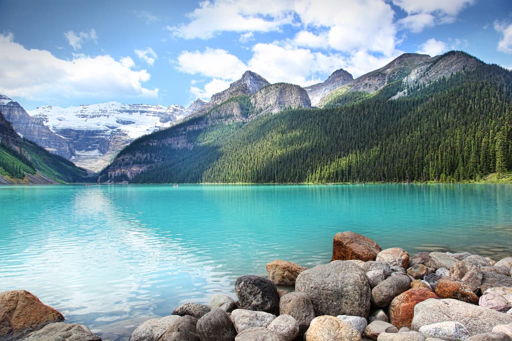 Lake Louise with snow-covered Victoria glacier in background