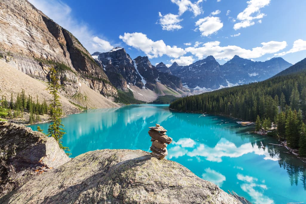 Moraine Lake's turquoise waters surrounded by mountains