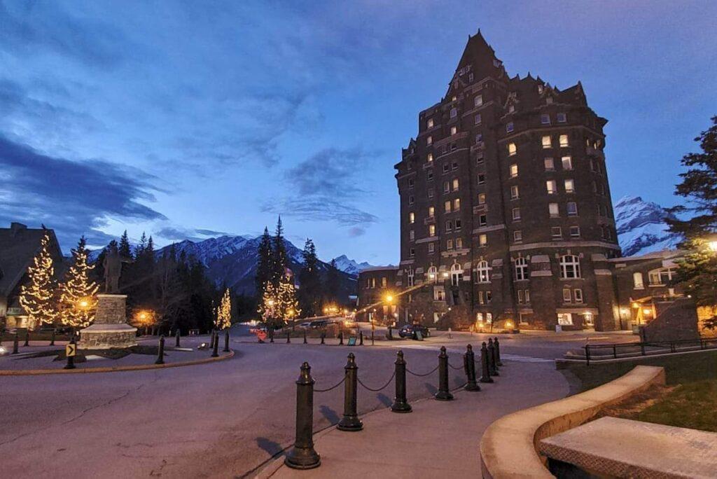Outside Fairmont hotel in Banff at night