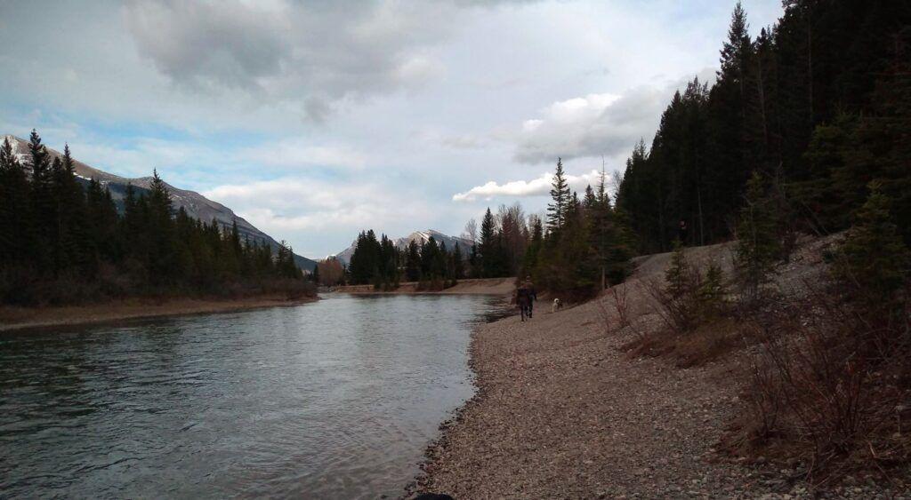 River in Canmore with mountains in background