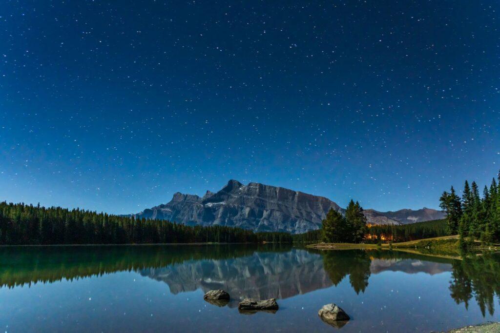 Star gazing at Two Jake Lake with Mt Rundle in the background - Banff National Park 