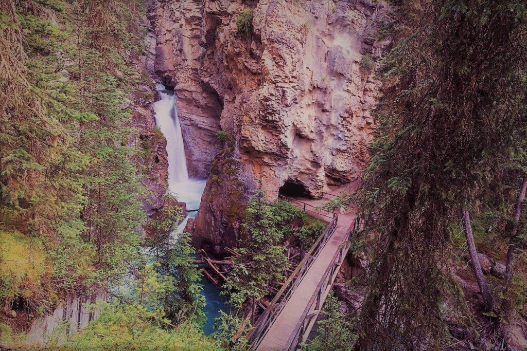 View of lower falls from trail to upper falls, johnston canyon, banff national park
