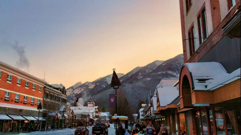 January evening in Banff Avenue in downtown Banff 