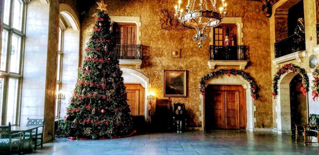 Large decorated Christmas tree in the Fairmont Banff during Christmas