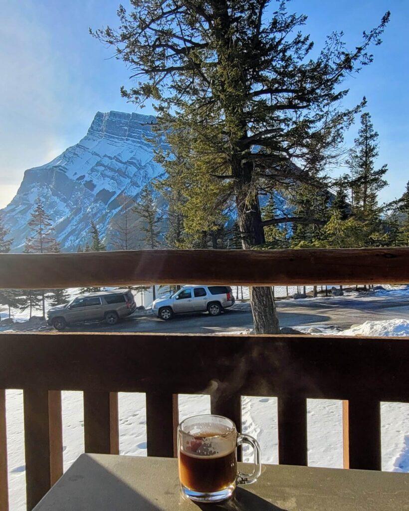 Coffee on balcony at Buffalo Mountain Lodge, Banff